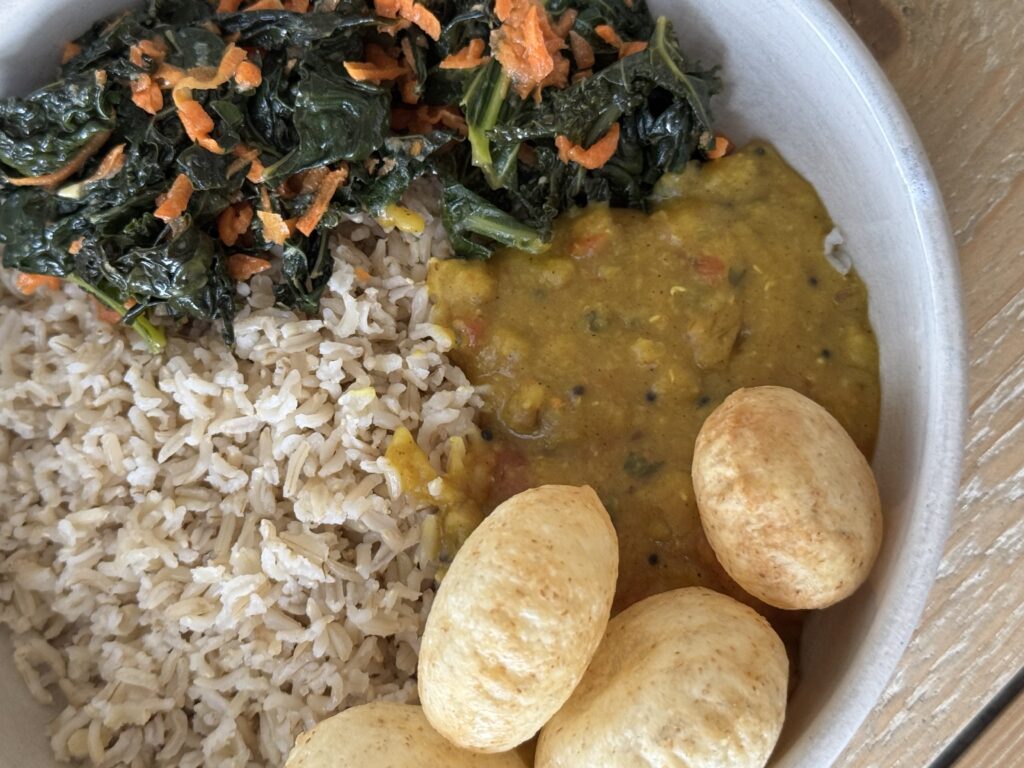 masoor dal with kale, Pani Puri, and basmati rice. 